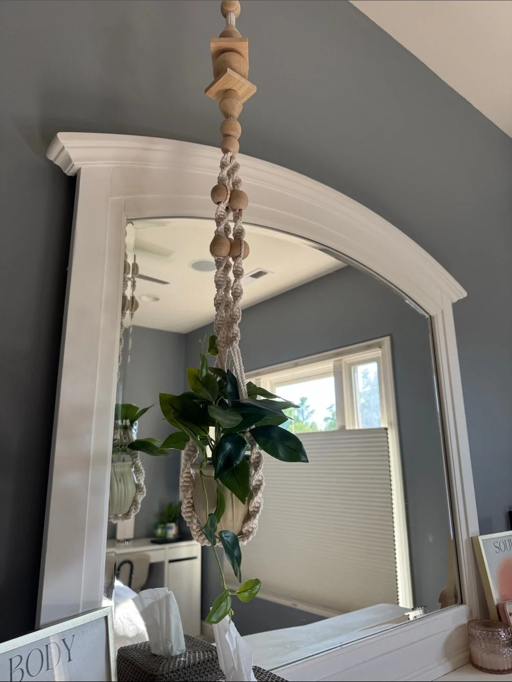 IKEA White Arched Wall Mirror with Hanging Macrame Plant Holder comes with plant